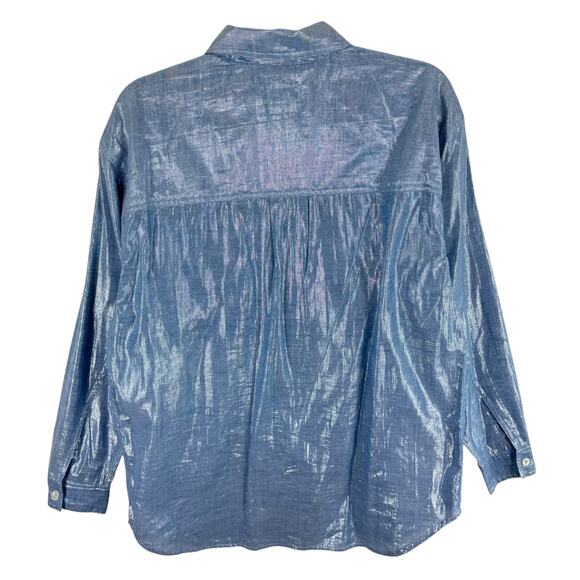 LizWear Liz Claiborne Blue Shiny Long Sleeve Collared Lightweight Button Up Sz M - Picture 2 of 6